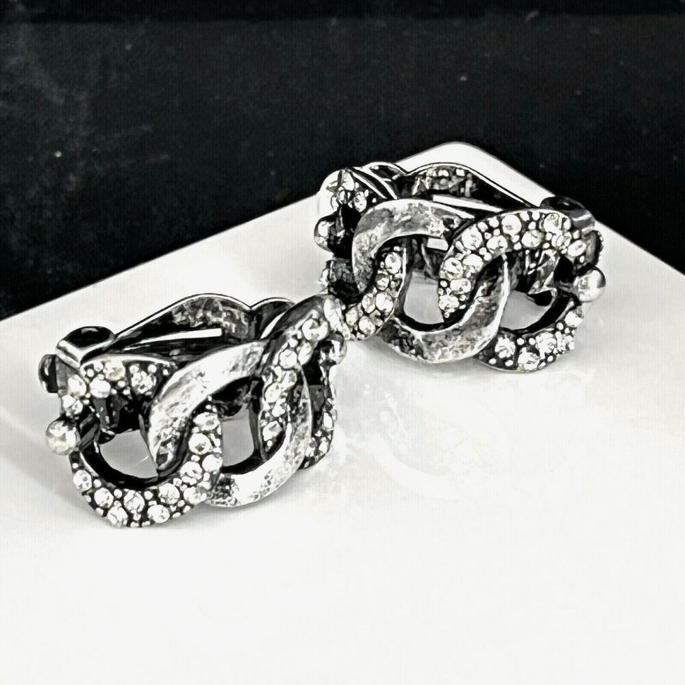 Vintage 1980s Crystal Half Hoop Earrings Antique Silver Tone Clip On - 6U